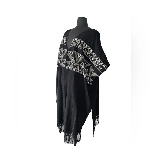 World Market Black Aztec Embroidered Fringe Open Front Cardigan Free … - Picture 2 of 8